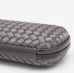 Pre Owned Bottega Veneta Grey Intrecciato Satin And Snakeskin Trim Knot Clutch