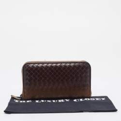 Pre Owned Bottega Veneta Brown Two-Tone Intrecciato Leather Zip Around Wallet