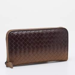 Pre Owned Bottega Veneta Brown Two-Tone Intrecciato Leather Zip Around Wallet