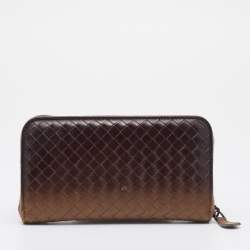 Pre Owned Bottega Veneta Brown Two-Tone Intrecciato Leather Zip Around Wallet