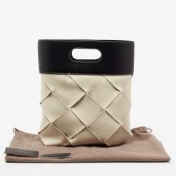Pre Owned Bottega Veneta Black/Cream Leather And Woven Canvas Slip Tote