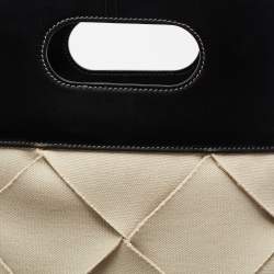 Pre Owned Bottega Veneta Black/Cream Leather And Woven Canvas Slip Tote
