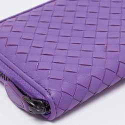 Pre Owned Bottega Veneta Purple Intrecciato Leather Zip Around Wallet