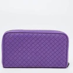 Pre Owned Bottega Veneta Purple Intrecciato Leather Zip Around Wallet