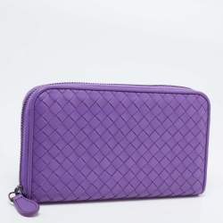 Pre Owned Bottega Veneta Purple Intrecciato Leather Zip Around Wallet