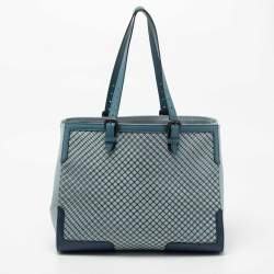 Pre Owned Bottega Veneta Blue Two Tone Canvas And Leather Intrecciato Tote