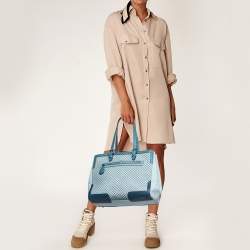 Pre Owned Bottega Veneta Blue Two Tone Canvas And Leather Intrecciato Tote
