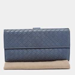 Pre Owned Bottega Veneta Blue Intrecciato Leather Wallet