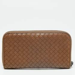 Pre Owned Bottega Veneta Brown Intrecciato Leather Zip Around Wallet