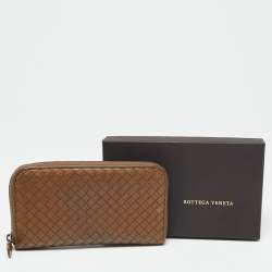 Pre Owned Bottega Veneta Brown Intrecciato Leather Zip Around Wallet