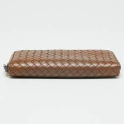 Pre Owned Bottega Veneta Brown Intrecciato Leather Zip Around Wallet