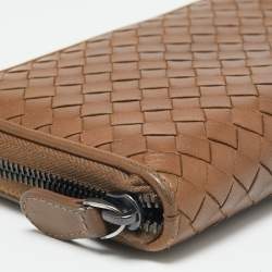 Pre Owned Bottega Veneta Brown Intrecciato Leather Zip Around Wallet