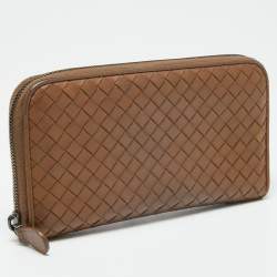 Pre Owned Bottega Veneta Brown Intrecciato Leather Zip Around Wallet