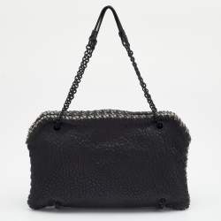 Pre Owned Bottega Veneta Black Textured Leather Chain Shoulder Bag