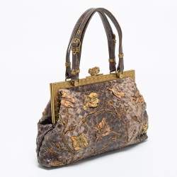 Pre Owned Bottega Veneta Brown Lizard Lavorazione Fatta a Aano Frame Satchel