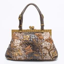 Pre Owned Bottega Veneta Brown Lizard Lavorazione Fatta a Aano Frame Satchel