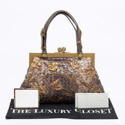 Pre Owned Bottega Veneta Brown Lizard Lavorazione Fatta a Aano Frame Satchel