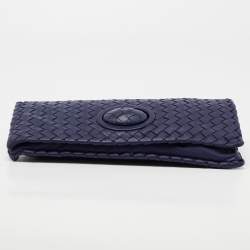 Pre Owned Bottega Veneta Dark Blue Intecciato Leather Clutch