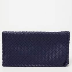 Pre Owned Bottega Veneta Dark Blue Intecciato Leather Clutch