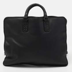 Pre Owned Bottega Veneta Black Intrecciato Leather Middle Zip Briefcase