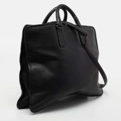 Pre Owned Bottega Veneta Black Intrecciato Leather Middle Zip Briefcase