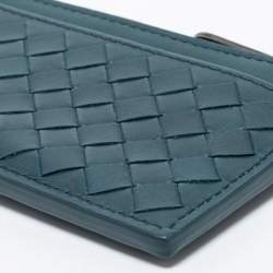 Pre Owned Bottega Veneta Teal Intrecciato Leather Zip Card Holder