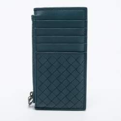 Pre Owned Bottega Veneta Teal Intrecciato Leather Zip Card Holder