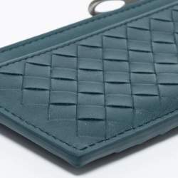 Pre Owned Bottega Veneta Teal Intrecciato Leather Zip Card Holder