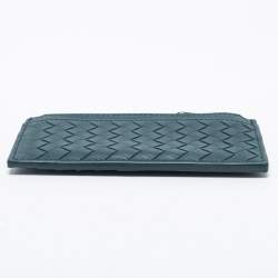 Pre Owned Bottega Veneta Teal Intrecciato Leather Zip Card Holder