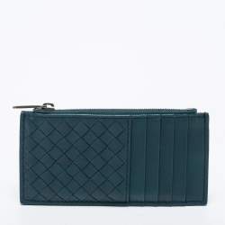 Pre Owned Bottega Veneta Teal Intrecciato Leather Zip Card Holder