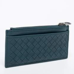 Pre Owned Bottega Veneta Teal Intrecciato Leather Zip Card Holder