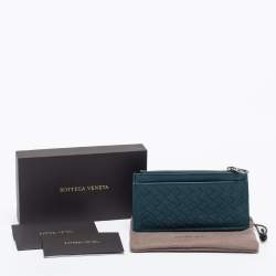 Pre Owned Bottega Veneta Teal Intrecciato Leather Zip Card Holder
