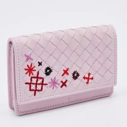 Pre Owned Bottega Veneta Pink Intrecciato Leather Business Card Case