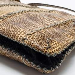 Pre Owned Bottega Veneta Beige Watersnake Double Zip Satchel