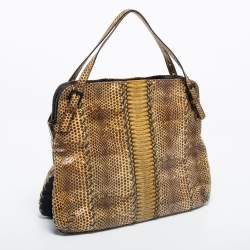 Pre Owned Bottega Veneta Beige Watersnake Double Zip Satchel