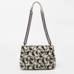 Pre Owned Bottega Veneta Off White Intrecciato Leather and Flocked Velvet Bouquet Pattern Olimpia Shoulder Bag