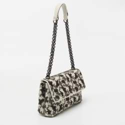 Pre Owned Bottega Veneta Off White Intrecciato Leather and Flocked Velvet Bouquet Pattern Olimpia Shoulder Bag