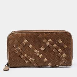 Pre Owned Bottega Veneta Brown Intrecciato Leather Zip Around Wallet