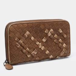 Pre Owned Bottega Veneta Brown Intrecciato Leather Zip Around Wallet