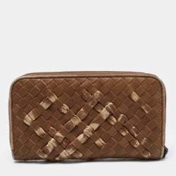 Pre Owned Bottega Veneta Brown Intrecciato Leather Zip Around Wallet