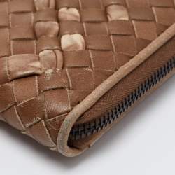 Pre Owned Bottega Veneta Brown Intrecciato Leather Zip Around Wallet