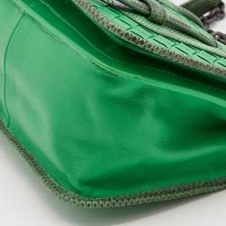 Pre Owned Bottega Veneta Green Karung and Leather Shoulder Bag