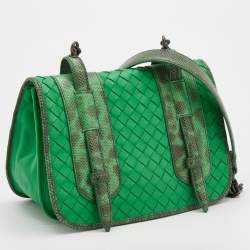Pre Owned Bottega Veneta Green Karung and Leather Shoulder Bag