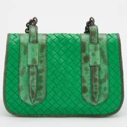 Pre Owned Bottega Veneta Green Karung and Leather Shoulder Bag