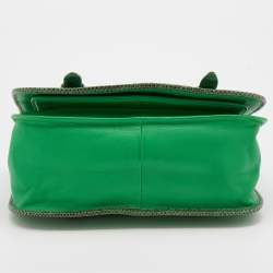 Pre Owned Bottega Veneta Green Karung and Leather Shoulder Bag