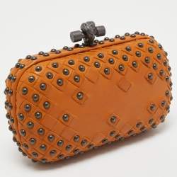 Pre Owned Bottega Veneta Apricot Leather Studded Knot Clutch