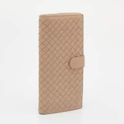 Pre Owned Bottega Veneta Beige Intrecciato Leather Long Compact Wallet
