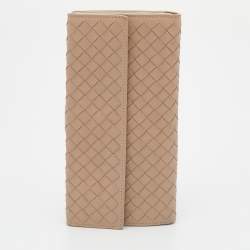 Pre Owned Bottega Veneta Beige Intrecciato Leather Long Compact Wallet