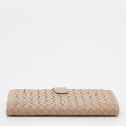 Pre Owned Bottega Veneta Beige Intrecciato Leather Long Compact Wallet