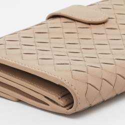 Pre Owned Bottega Veneta Beige Intrecciato Leather Long Compact Wallet